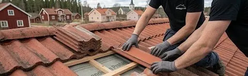 Närbild på takpannor på villa i Dalarna